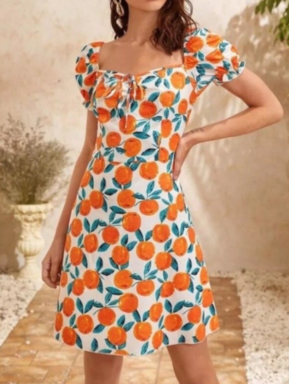 Floerns Orange Fruit Print Puff Sleeve Mini Dress Size XL